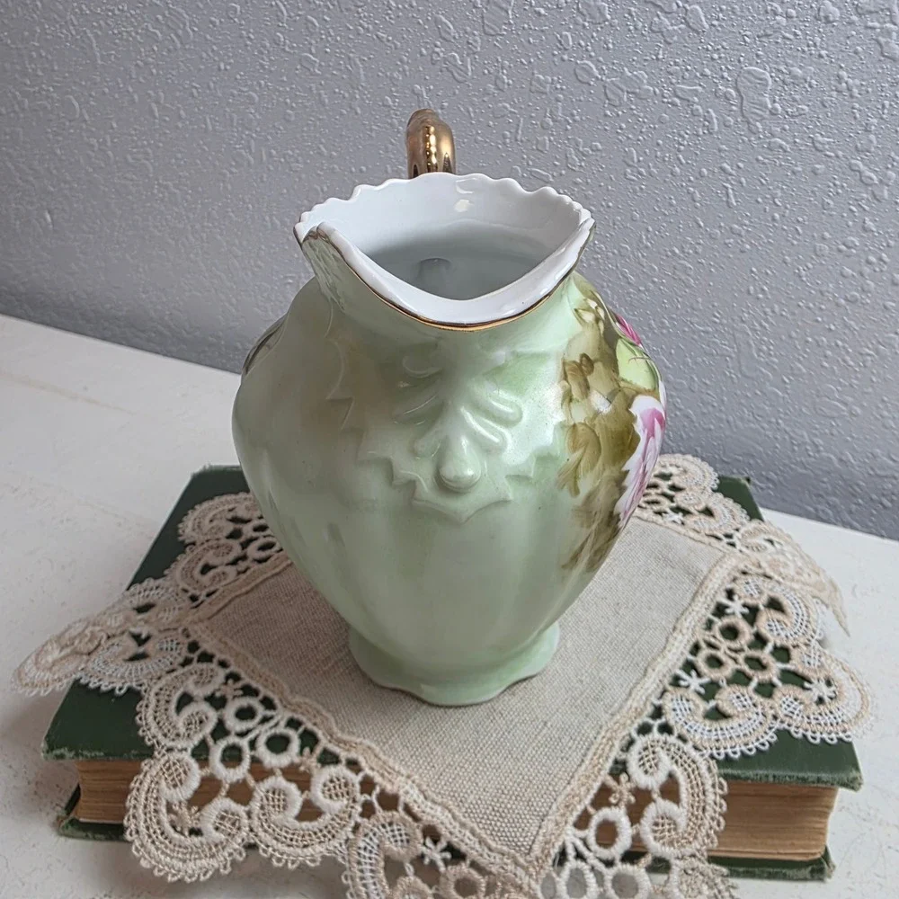 Vintage Lefton Hand‎ Painted Rose Porcelain Pitcher Green Gold Gilt Scallop Rim